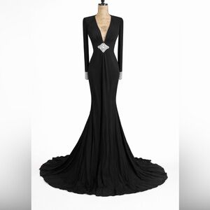 Mac Duggal Black Crystal embellished deep v neck flirt length dress size 6